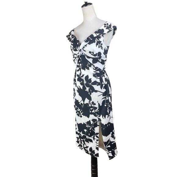 Bardot Black & White Floral Print Off the Shoulder Side Slit Midi Cocktail Dress - Picture 2 of 11